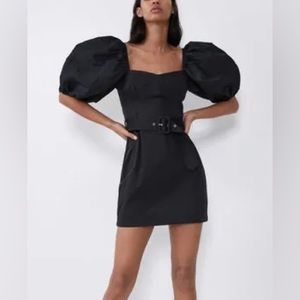 ZARA Black Belted Puff Sleeve Dress size L NWT Mini Cotton